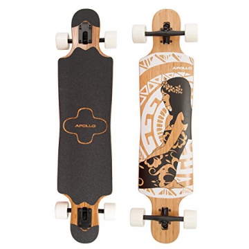Apollo Longboard Hinano Black & White, Bambus Komplettboard, Twin-Tip Drop-Through Freeride Skaten Cruiser Board -