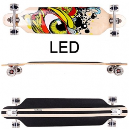 FunTomia® Longboard Skateboard Board Skaten Cruiser Komplettboard mit ABEC-11 High Speed Kugellager T-Tool (Modell Freerider - Farbe Grün/Rot Auge mit LED Rollen) -